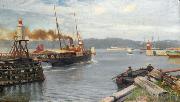 Nils Hansteen Fjordabat stevner ut Trondheim havn oil painting on canvas